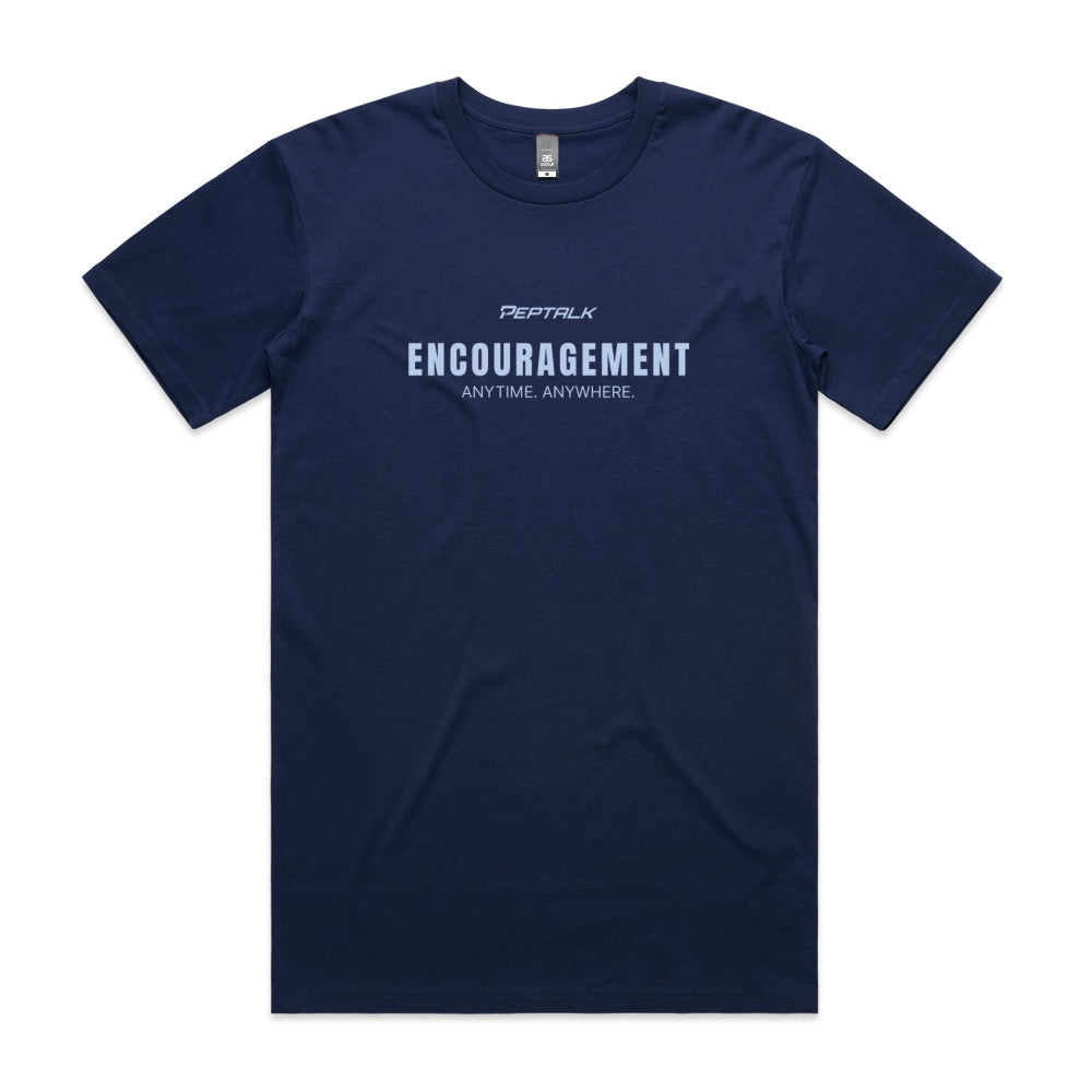 Cobalt men's shirt with "Encouragement Anytime Anywhere" design
