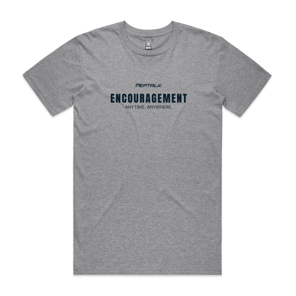 Grey men's shirt with "Encouragement Anytime Anywhere" design