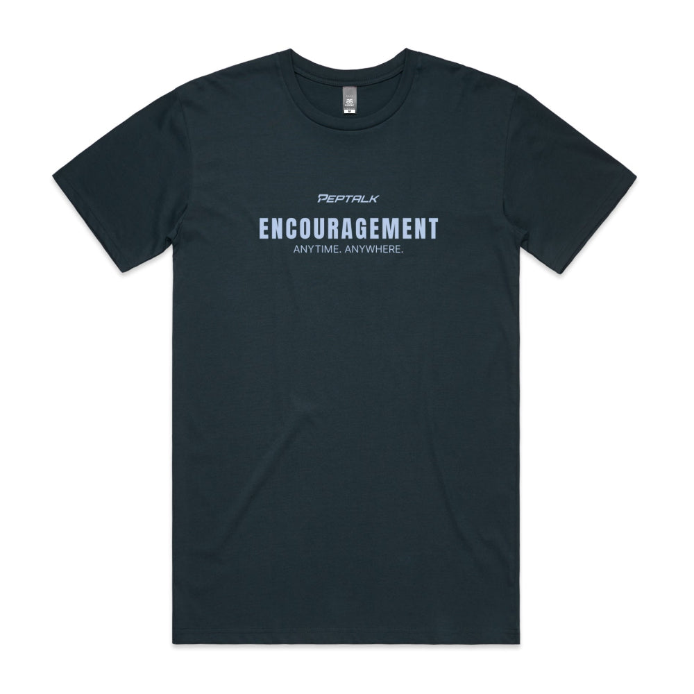 Indigo men's shirt with "Encouragement Anytime Anywhere" design