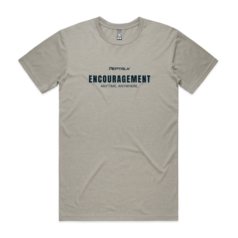 Light grey men's shirt with "Encouragement Anytime Anywhere" design