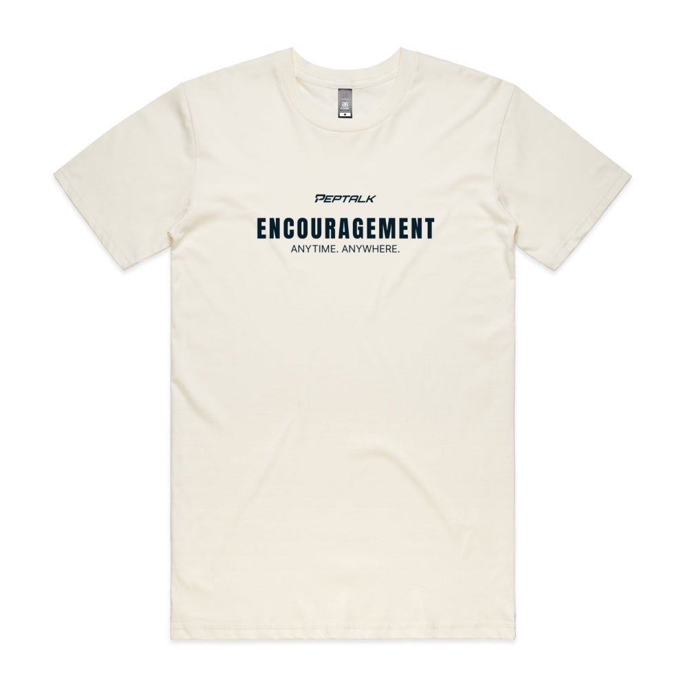 Beige men's shirt with "Encouragement Anytime Anywhere" design