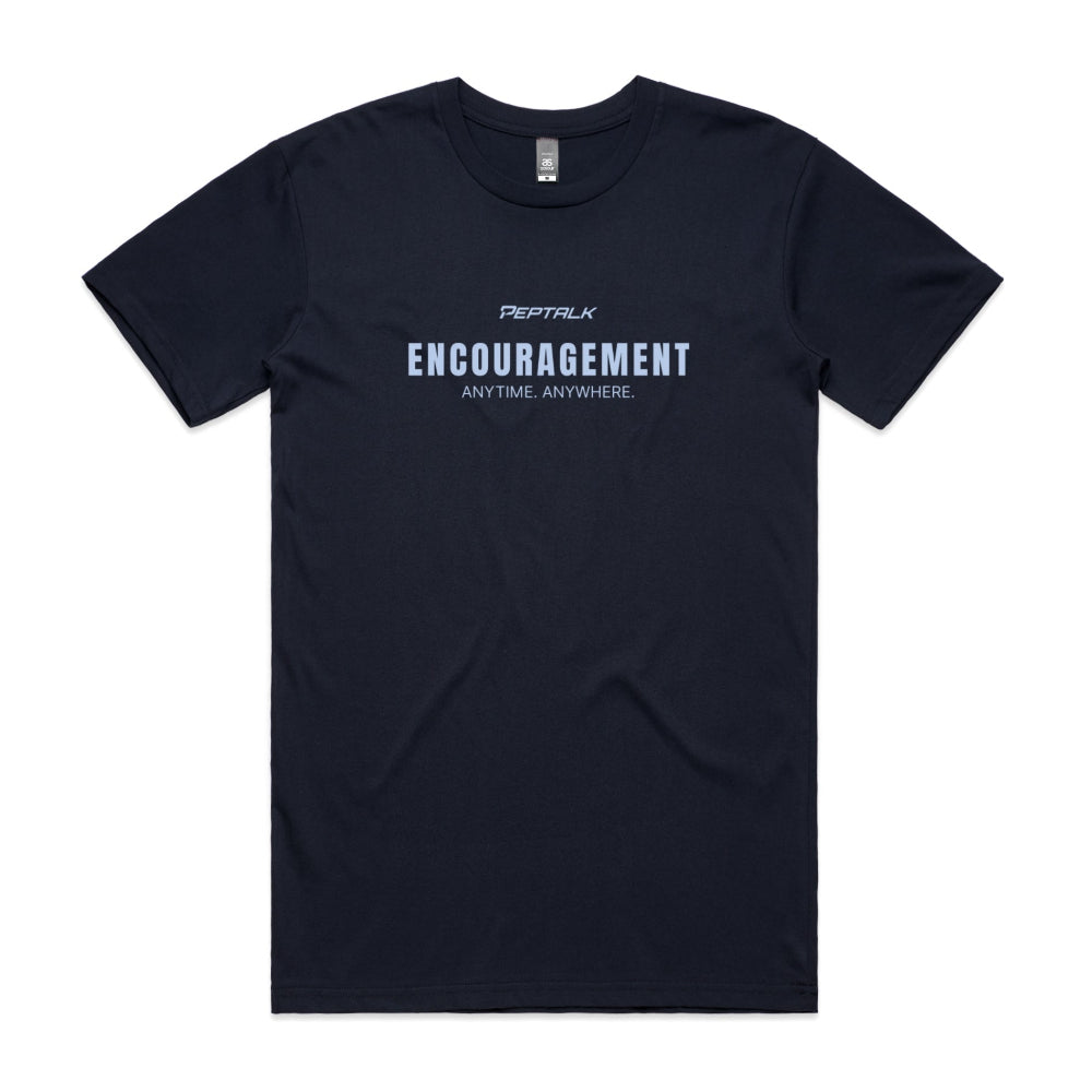Navy men's shirt with "Encouragement Anytime Anywhere" design