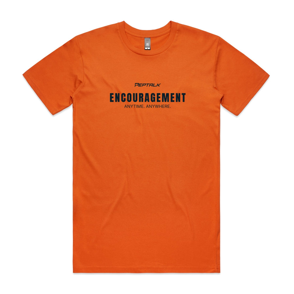Orange men's shirt with "Encouragement Anytime Anywhere" design