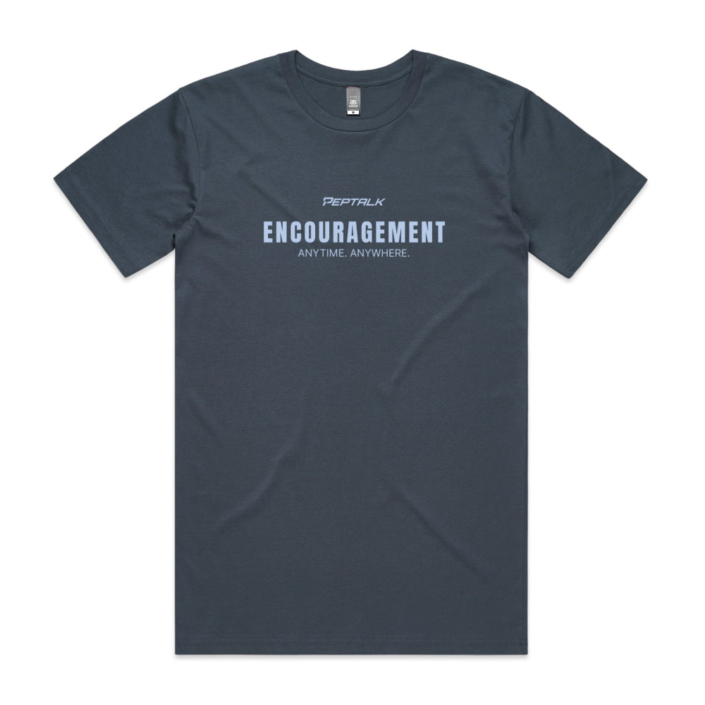 Petrol blue men's shirt with "Encouragement Anytime Anywhere" design