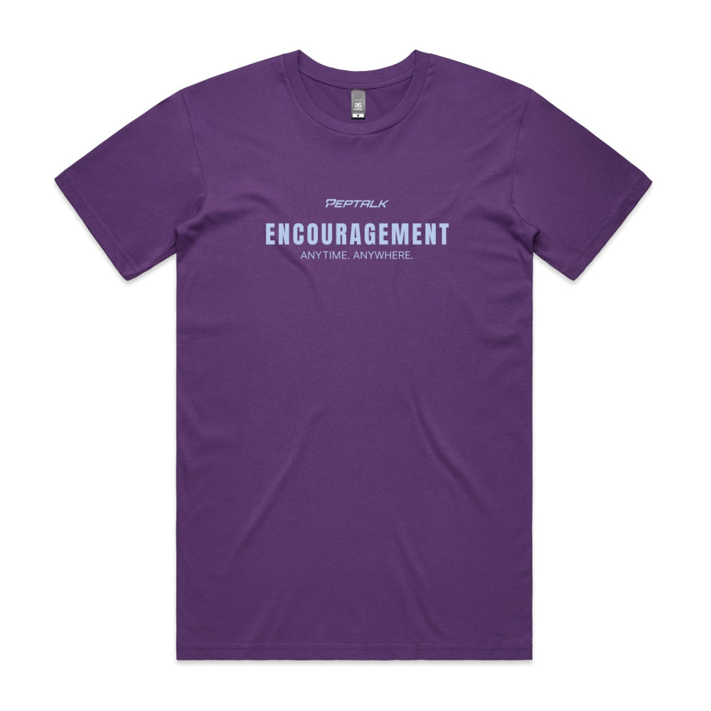 Purple men's shirt with "Encouragement Anytime Anywhere" design