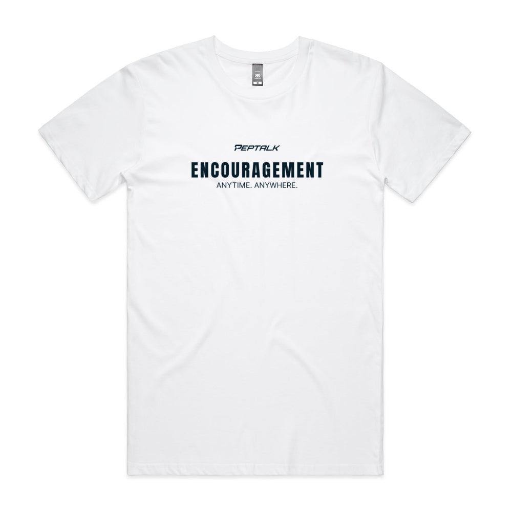 White men's shirt with "Encouragement Anytime Anywhere" design