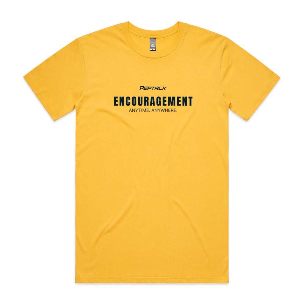 Yellow men's shirt with "Encouragement Anytime Anywhere" design