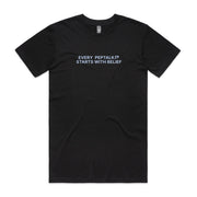 Black men's shirt with "Every PepTalk Starts With Belief" design