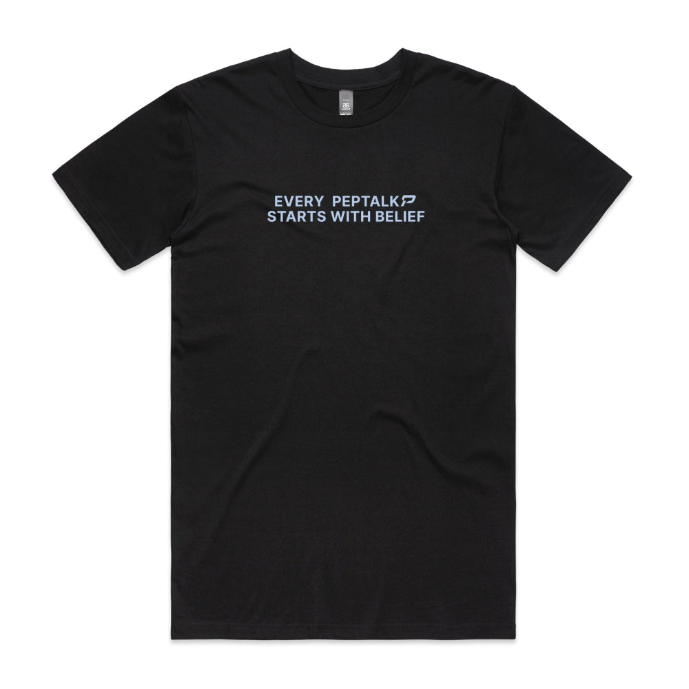 Black men's shirt with "Every PepTalk Starts With Belief" design