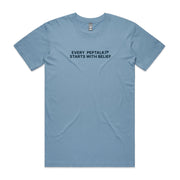 Carolina blue men's shirt with "Every PepTalk Starts With Belief" design