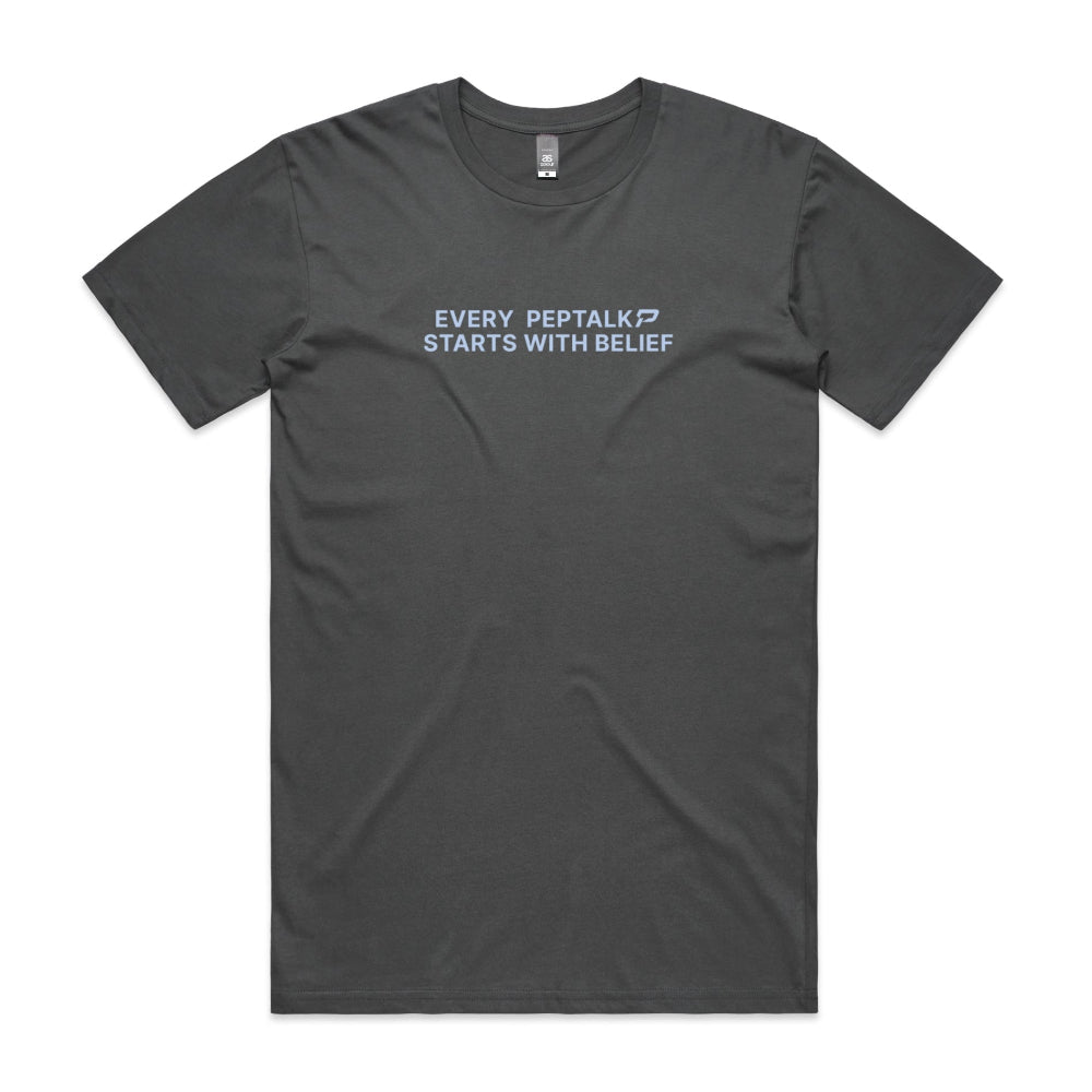 Charcoal men's shirt with "Every PepTalk Starts With Belief" design
