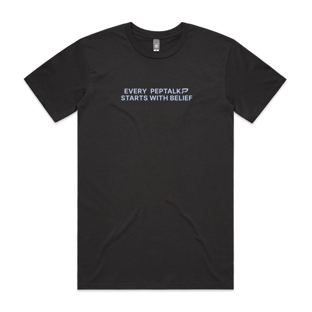Coal men's shirt with "Every PepTalk Starts With Belief" design