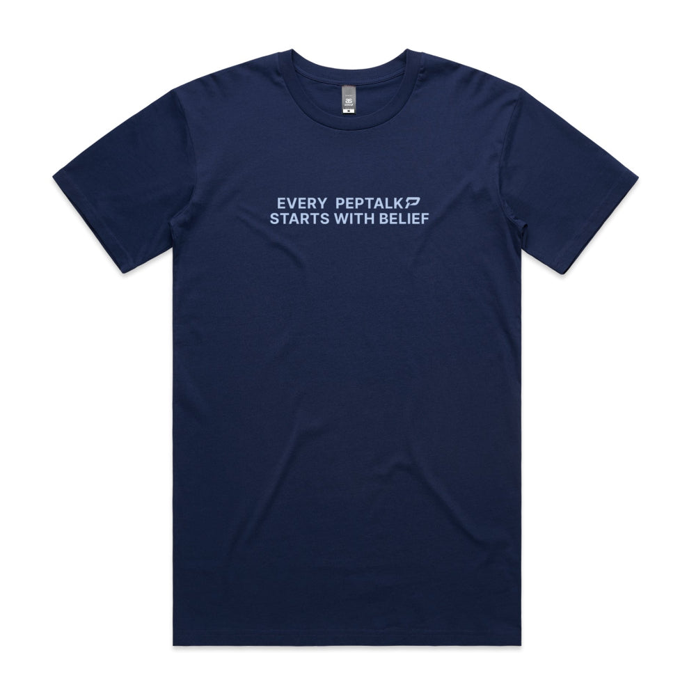 Cobalt men's shirt with "Every PepTalk Starts With Belief" design