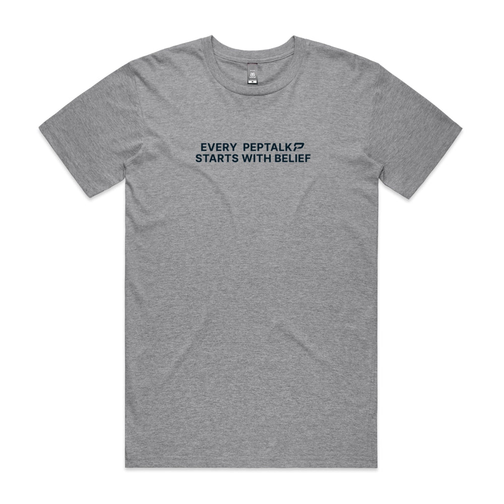 Grey men's shirt with "Every PepTalk Starts With Belief" design