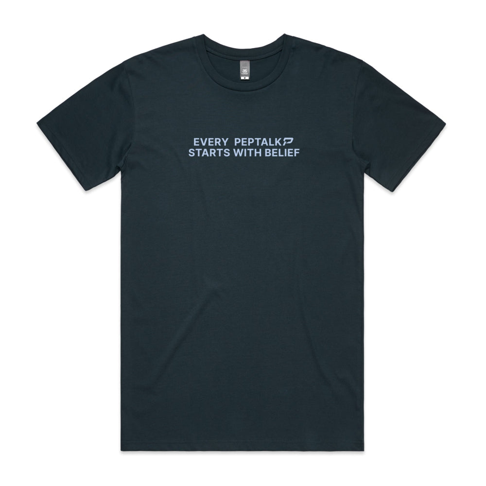 Indigo men's shirt with "Every PepTalk Starts With Belief" design