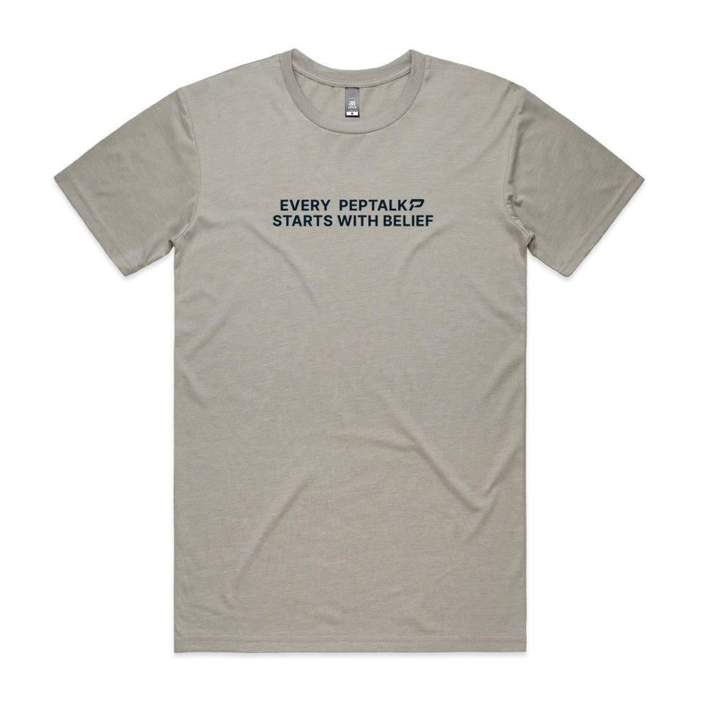Light grey men's shirt with "Every PepTalk Starts With Belief" design