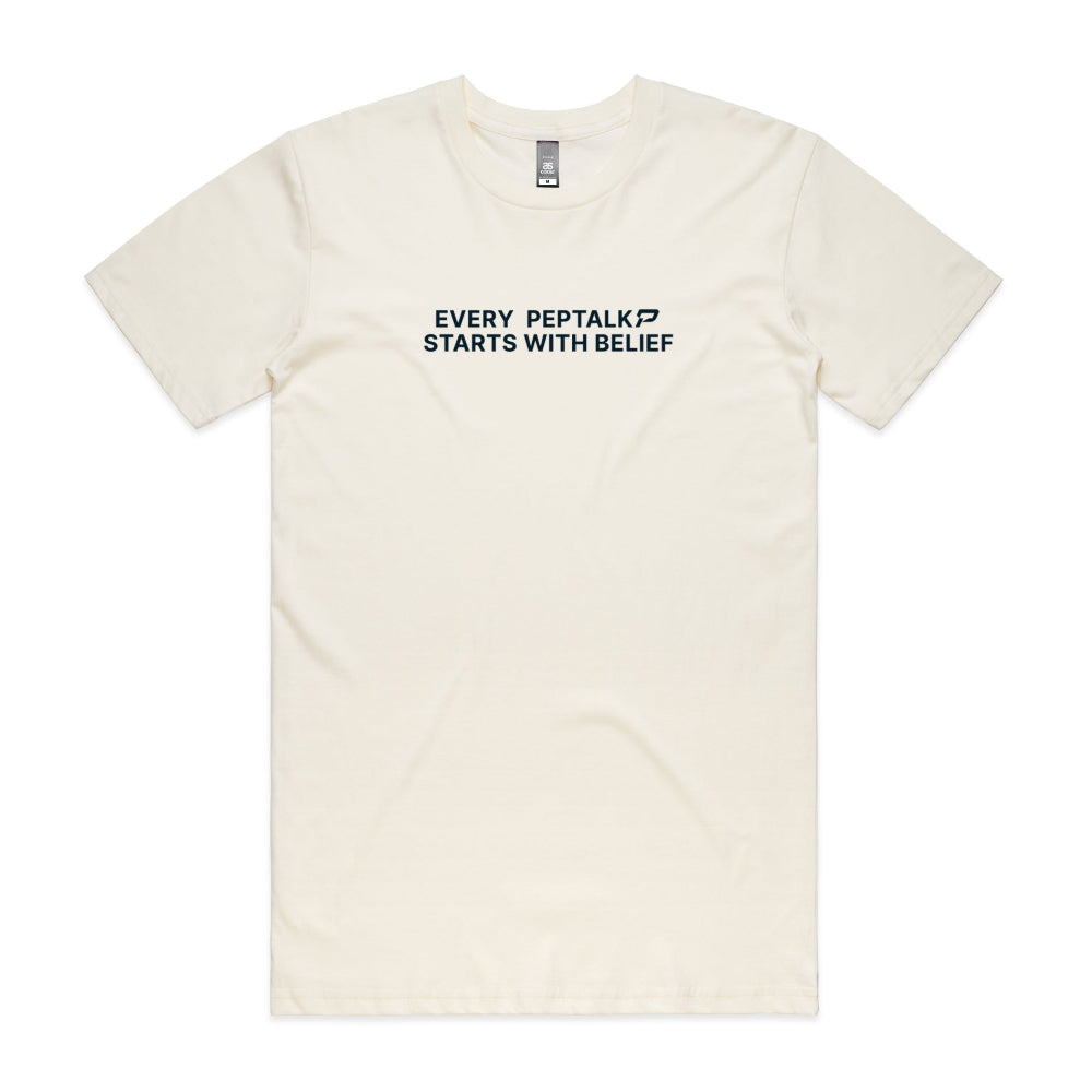 Beige men's shirt with "Every PepTalk Starts With Belief" design