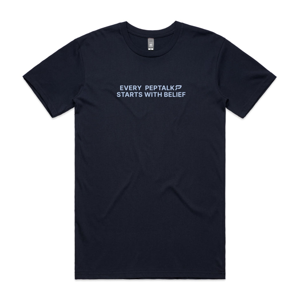 Navy men's shirt with "Every PepTalk Starts With Belief" design