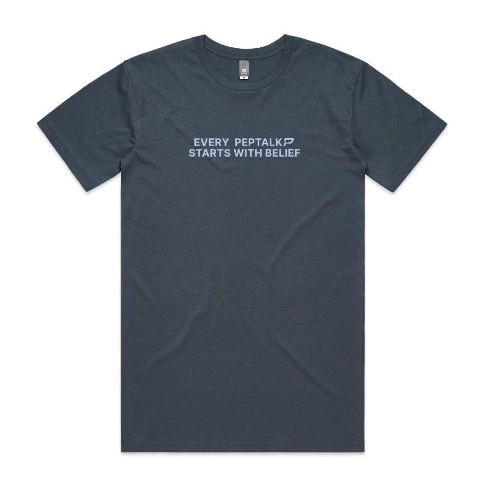 Petrol blue men's shirt with "Every PepTalk Starts With Belief" design