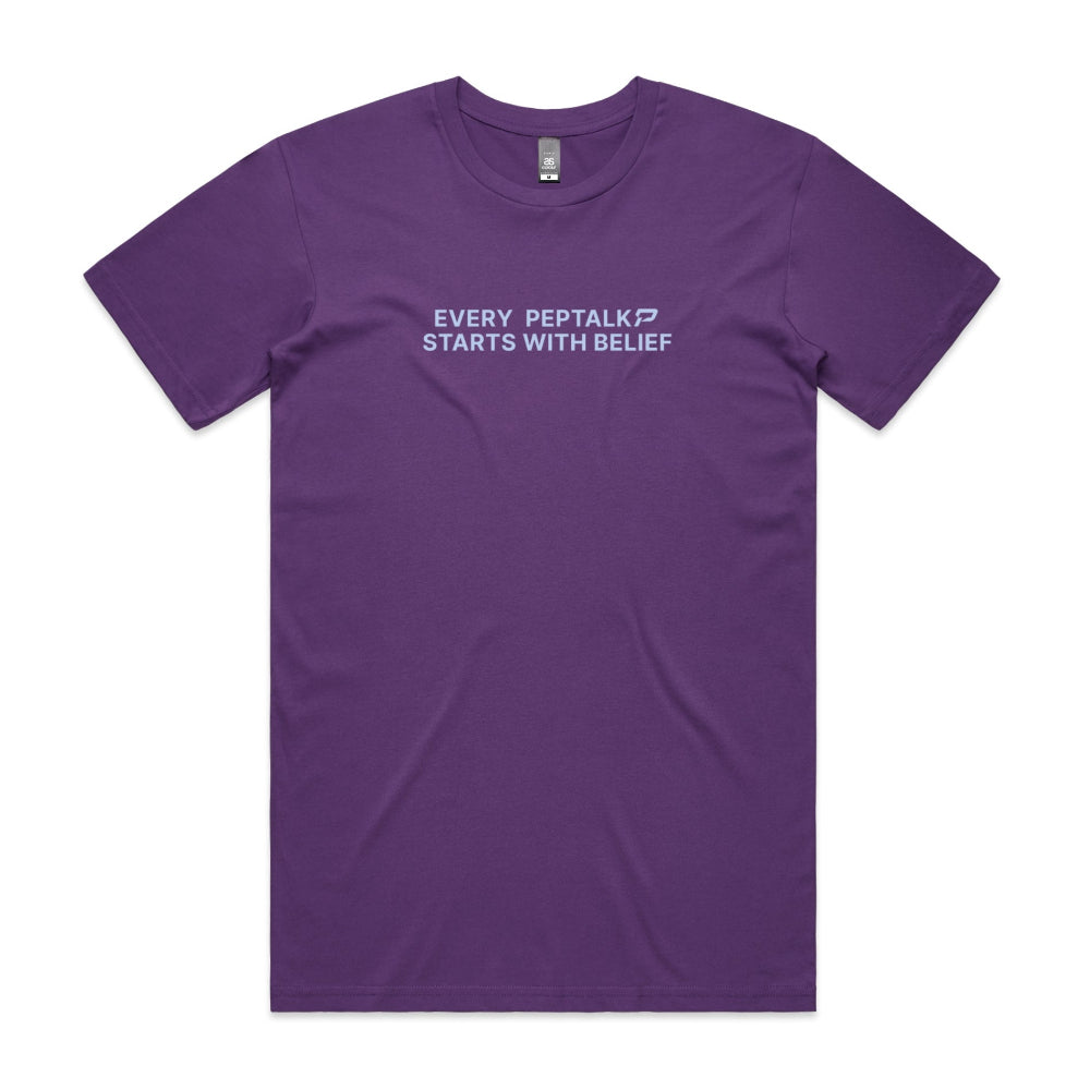Purple men's shirt with "Every PepTalk Starts With Belief" design