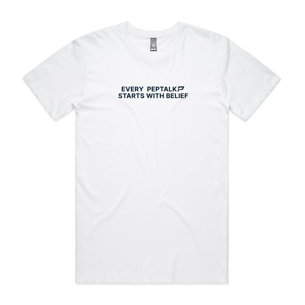 White men's shirt with "Every PepTalk Starts With Belief" design