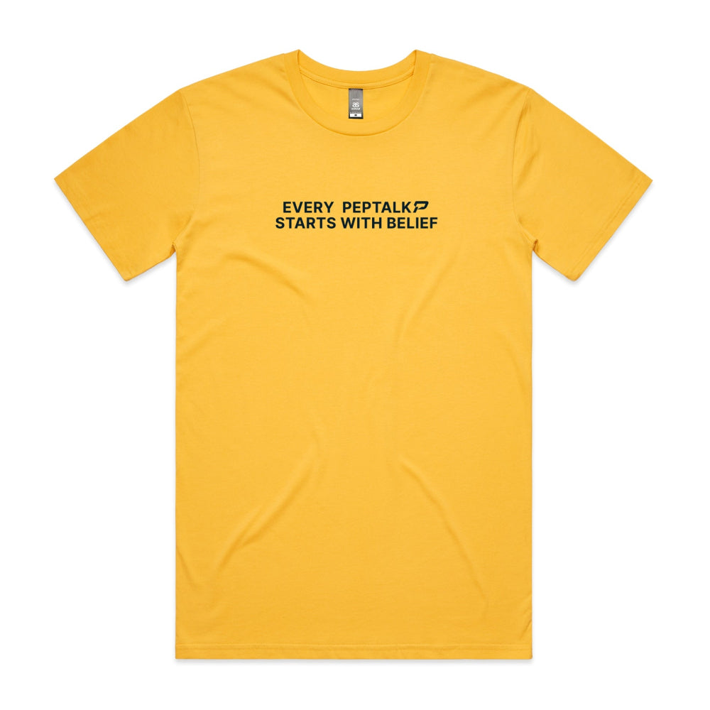Yellow men's shirt with "Every PepTalk Starts With Belief" design
