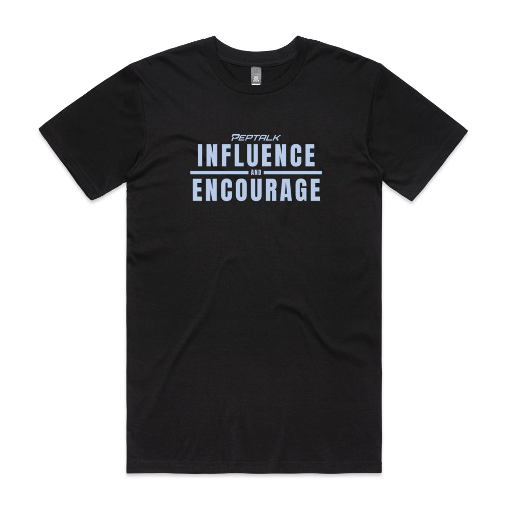 Black men's shirt with "Influence and Encourage" design
