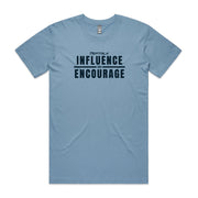 Carolina blue men's shirt with "Influence and Encourage" design