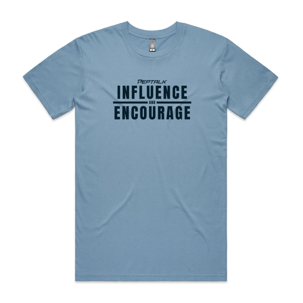 Carolina blue men's shirt with "Influence and Encourage" design
