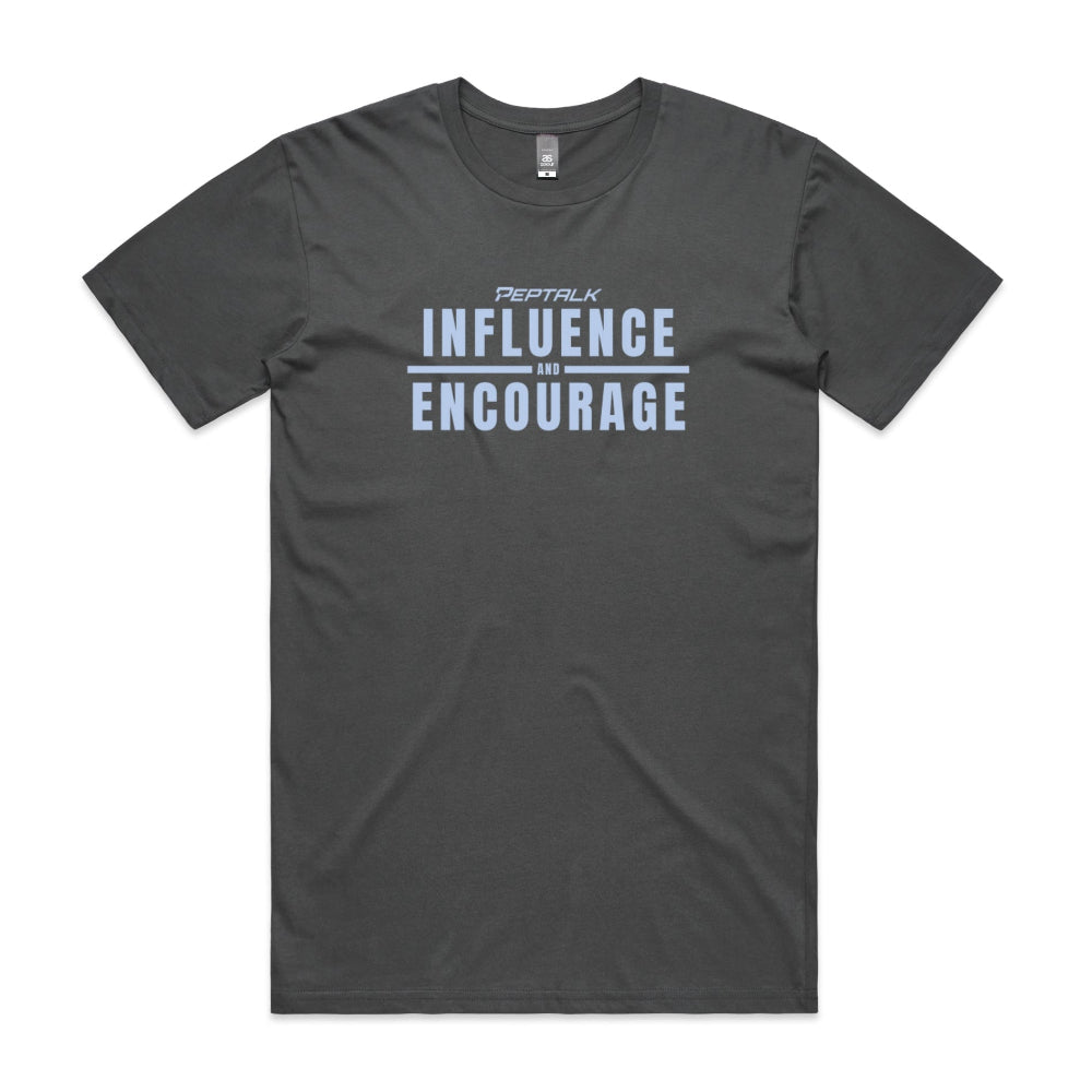 Charcoal men's shirt with "Influence and Encourage" design
