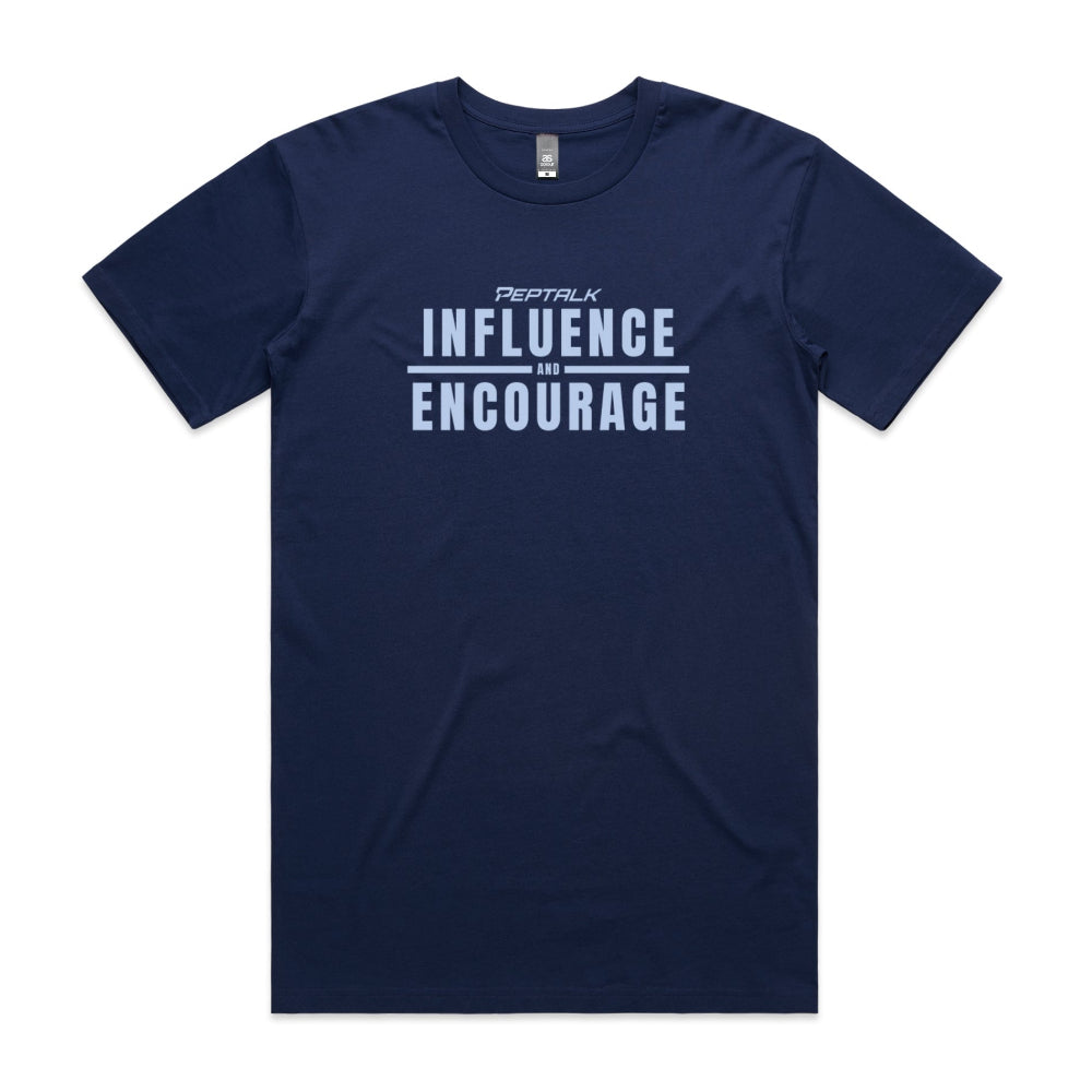 Cobalt men's shirt with "Influence and Encourage" design