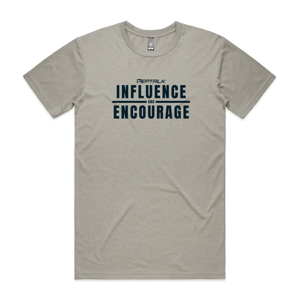 Light grey men's shirt with "Influence and Encourage" design