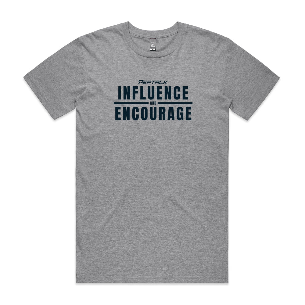 Grey men's shirt with "Influence and Encourage" design