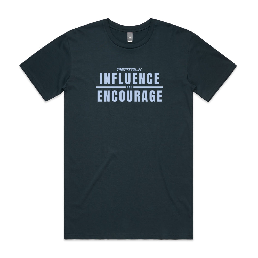 Indigo men's shirt with "Influence and Encourage" design