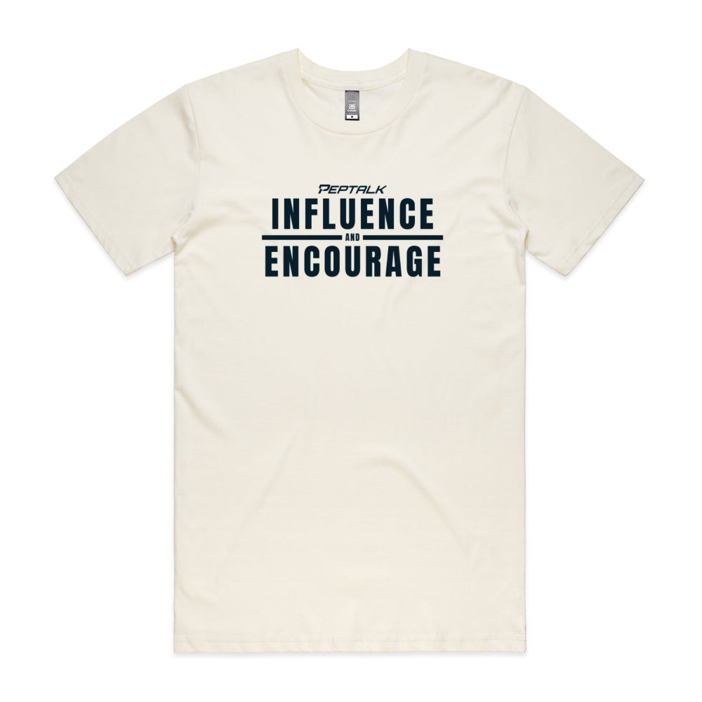 Beige men's shirt with "Influence and Encourage" design