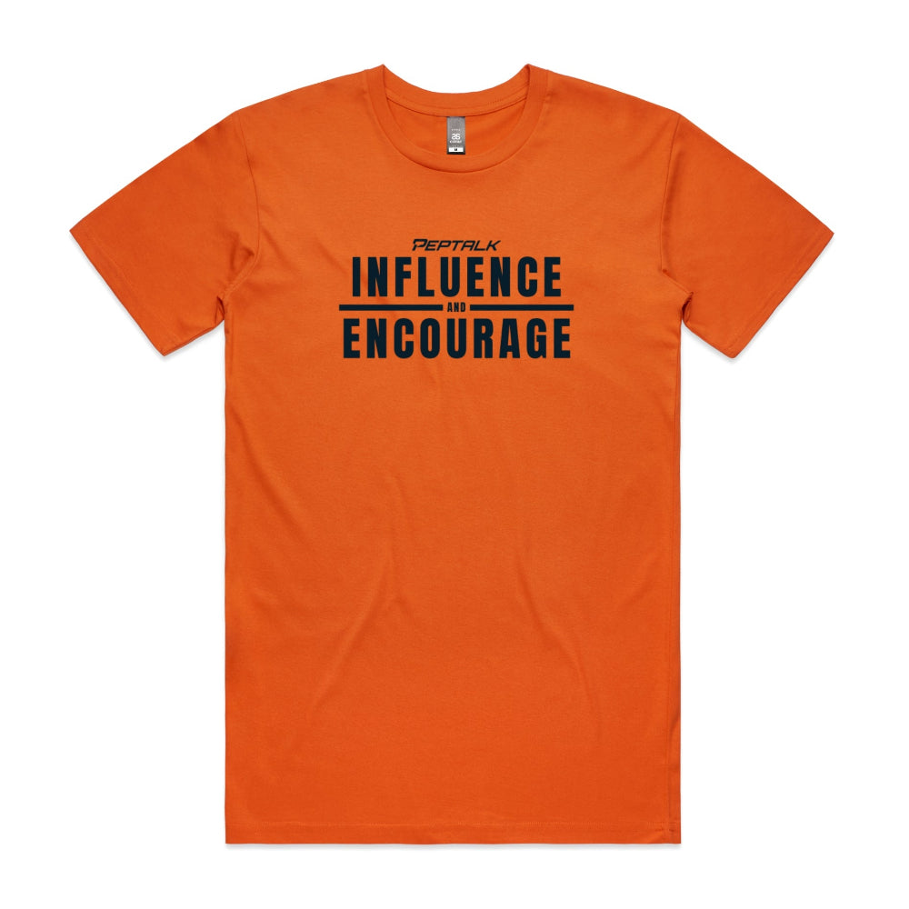 Orange men's shirt with "Influence and Encourage" design