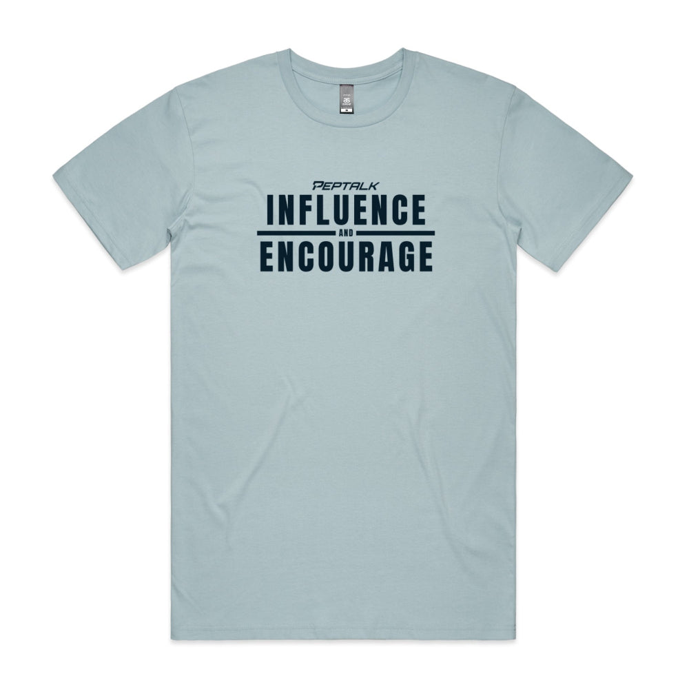 Light blue men's shirt with "Influence and Encourage" design