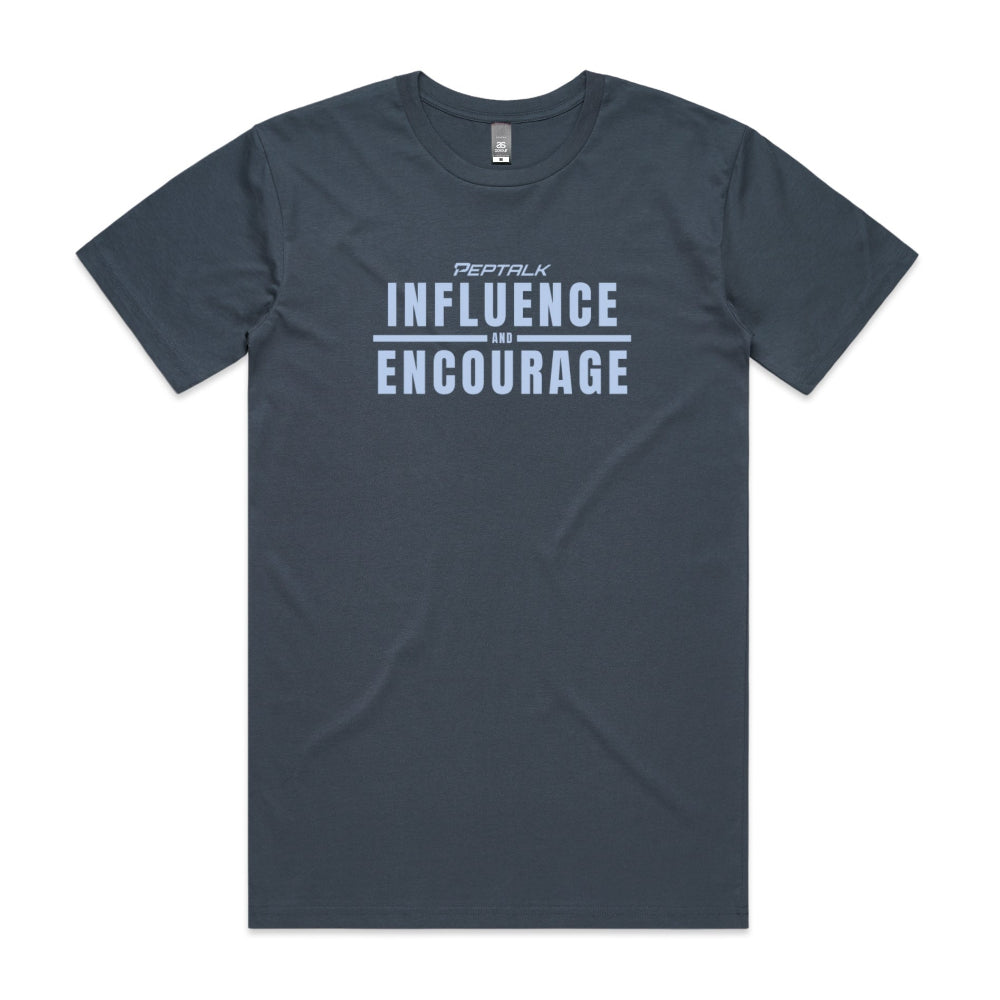 Petrol blue men's shirt with "Influence and Encourage" design