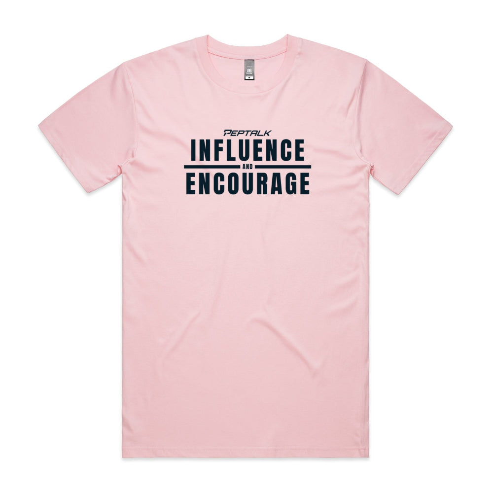 Pink men's shirt with "Influence and Encourage" design