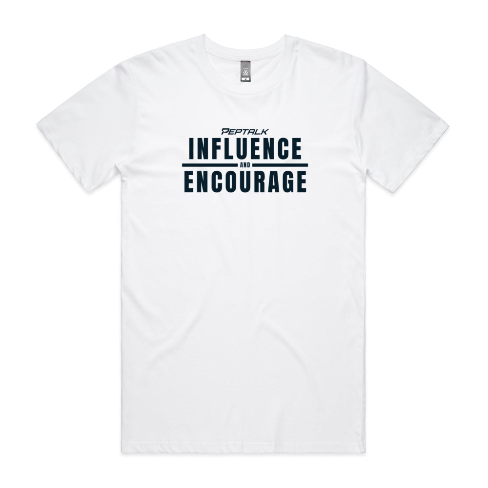White men's shirt with "Influence and Encourage" design