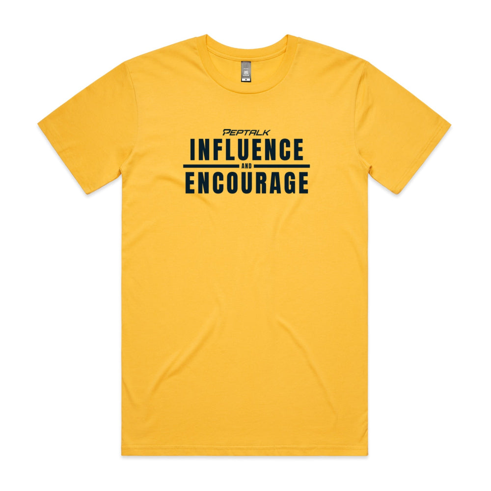 Yellow men's shirt with "Influence and Encourage" design