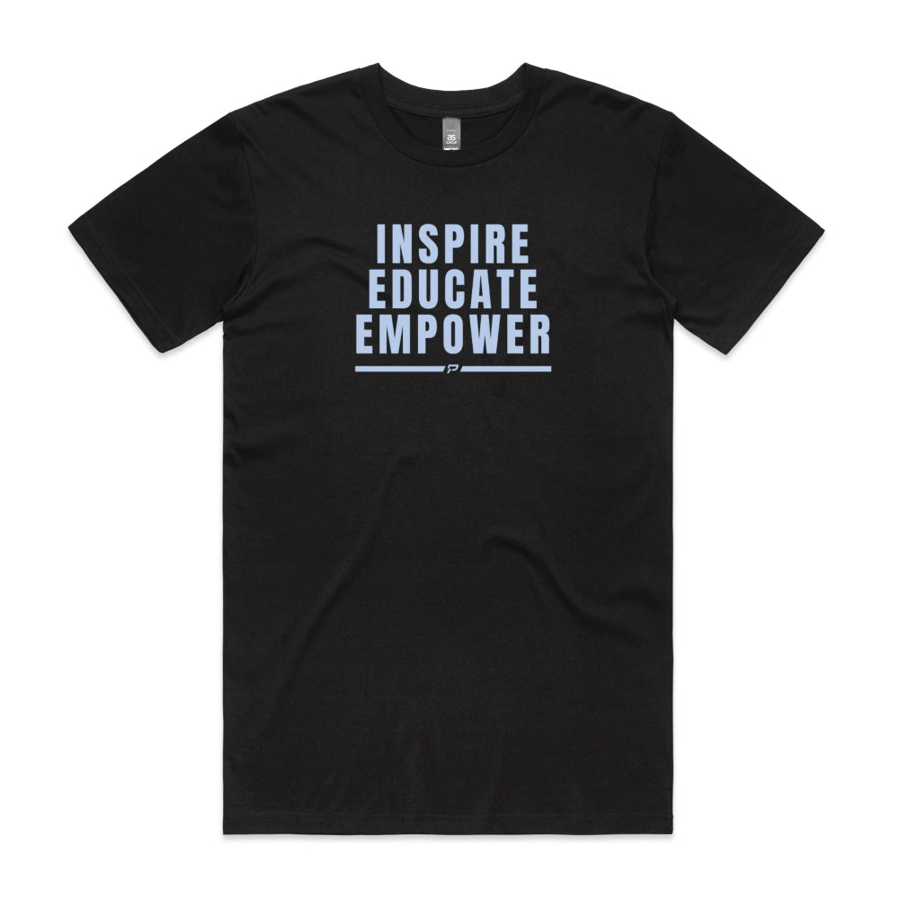 Black men's shirt with "Inspire Educate Empower" design