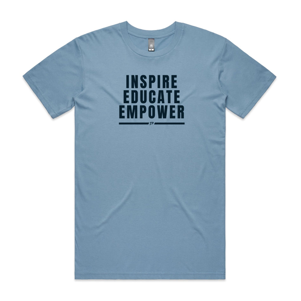 Carolina blue men's shirt with "Inspire Educate Empower" design
