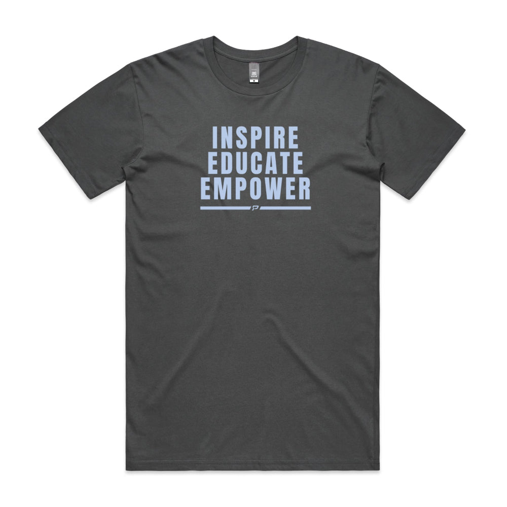 Charcoal men's shirt with "Inspire Educate Empower" design