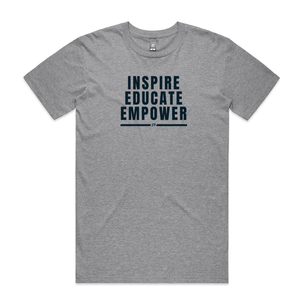 Grey men's shirt with "Inspire Educate Empower" design