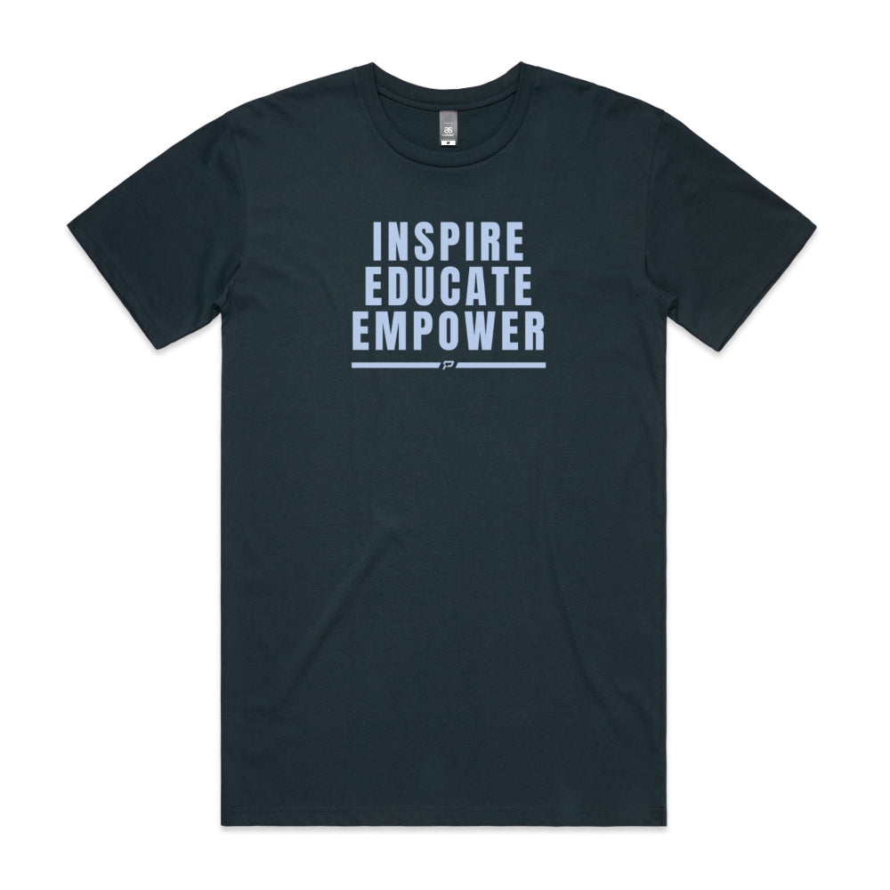 Indigo men's shirt with "Inspire Educate Empower" design