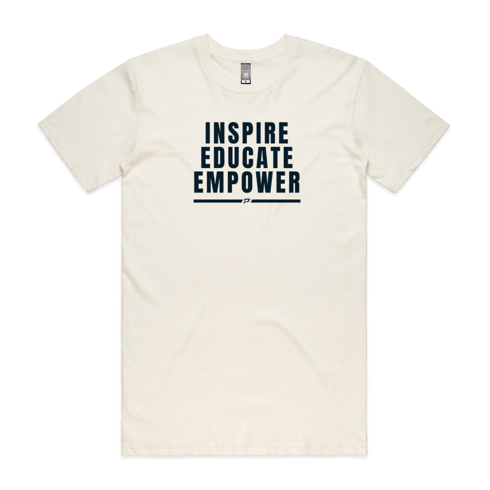 Beige men's shirt with "Inspire Educate Empower" design