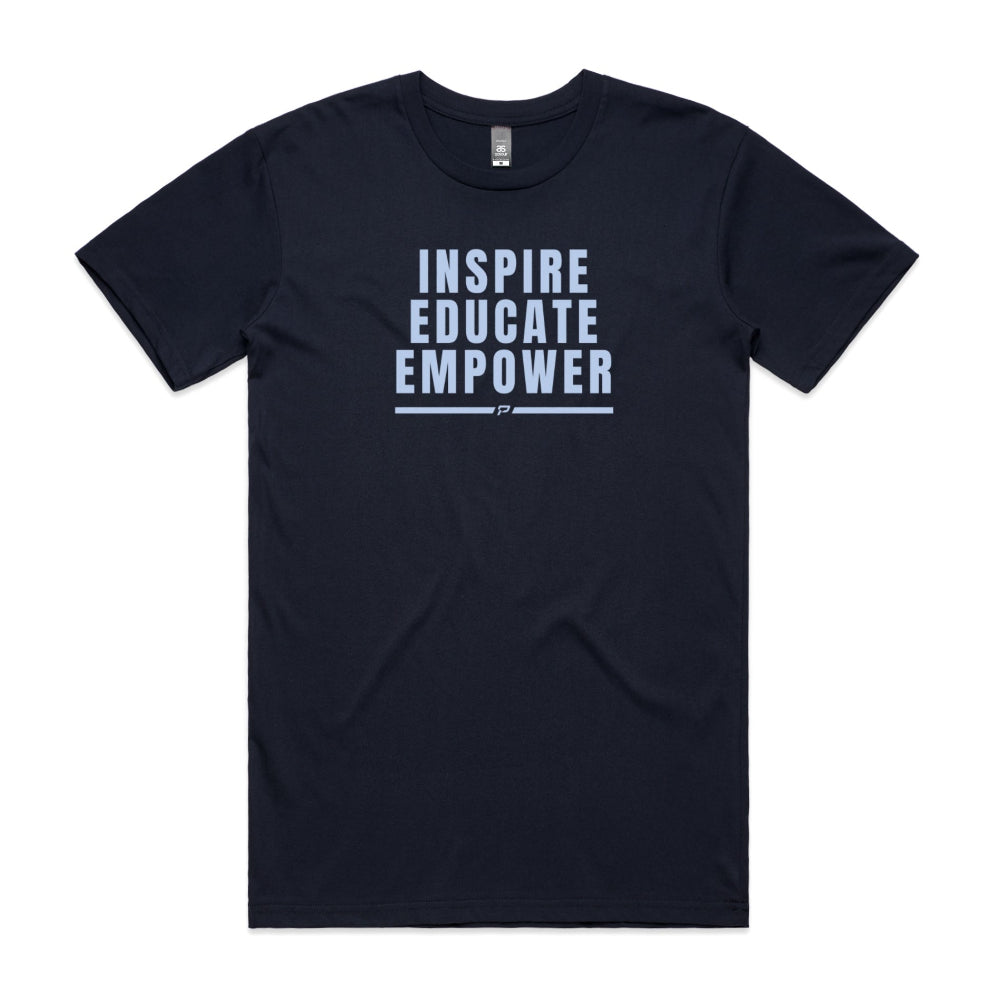 Navy men's shirt with "Inspire Educate Empower" design