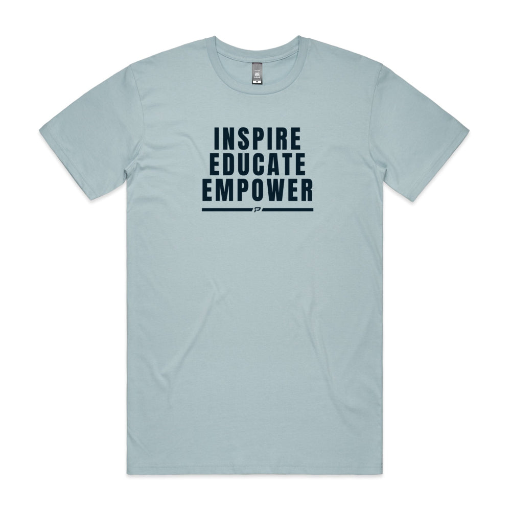 Light blue men's shirt with "Inspire Educate Empower" design
