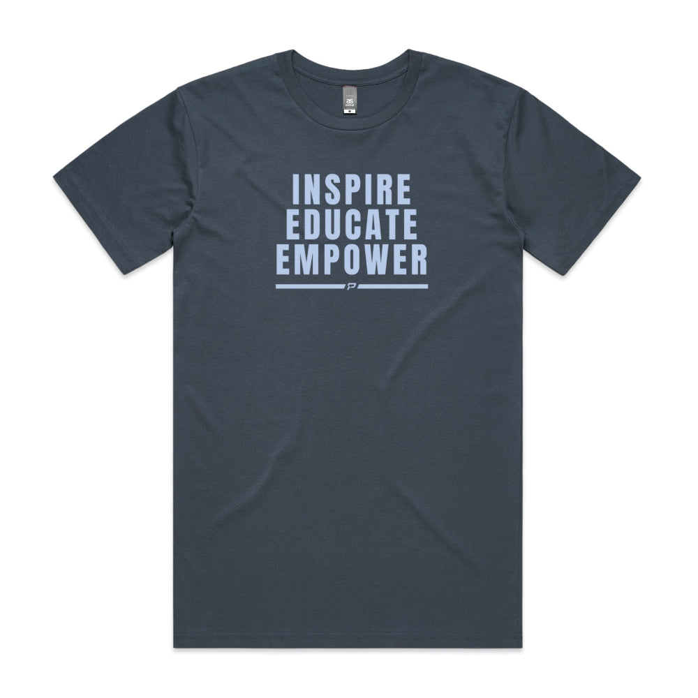 Petrol blue men's shirt with "Inspire Educate Empower" design